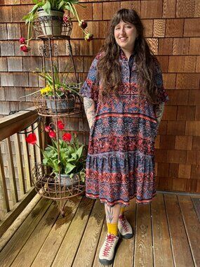 Chico's Red/Blue Paisley Print Boho Short Sleeved A-Line Dress Women's 16